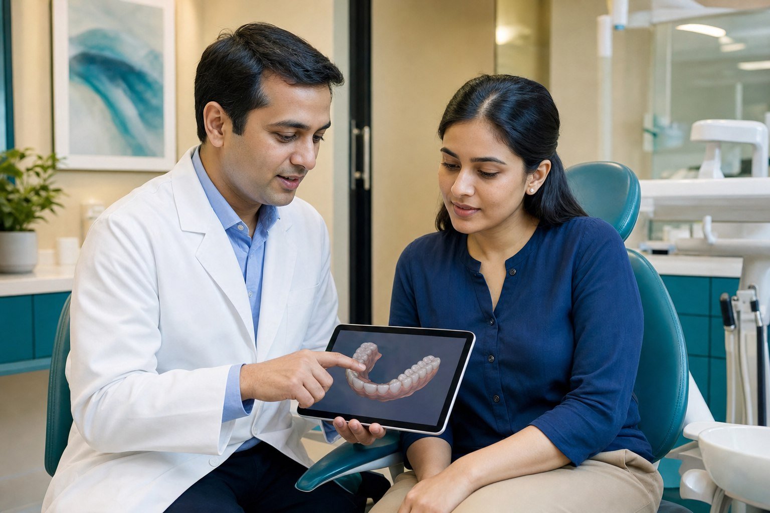 Illustrative consultation: dentist और patient digital dental plan देखते हुए