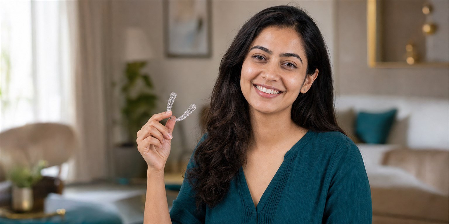 Olign brand image: clear aligner पकड़े मुस्कुराती भारतीय महिला